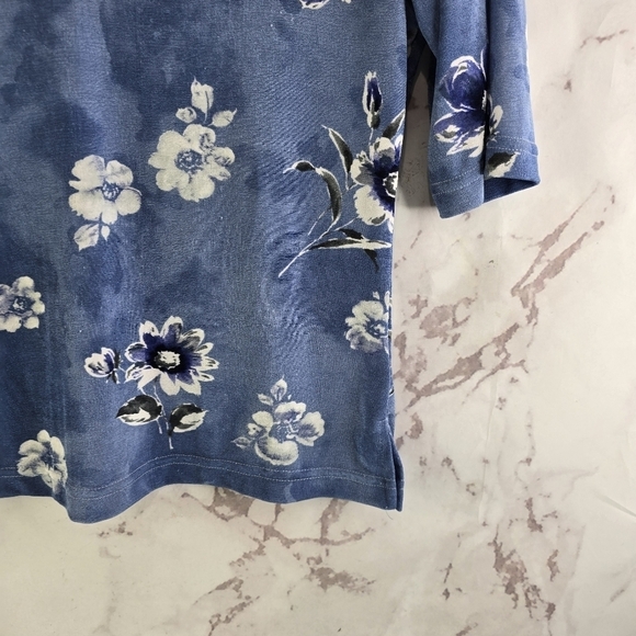 Vintage Top Womens Medium Blue Y2K Floral Blouse Cropped Shirt Slinky Wet Look - Picture 4 of 10